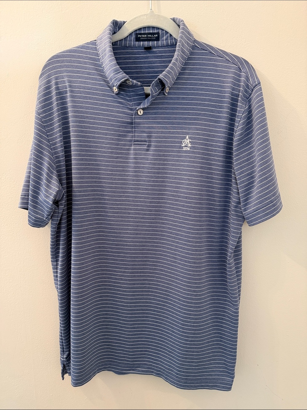 Peter Millar Blue and White Horizontal Stripe Polo AGC monogram